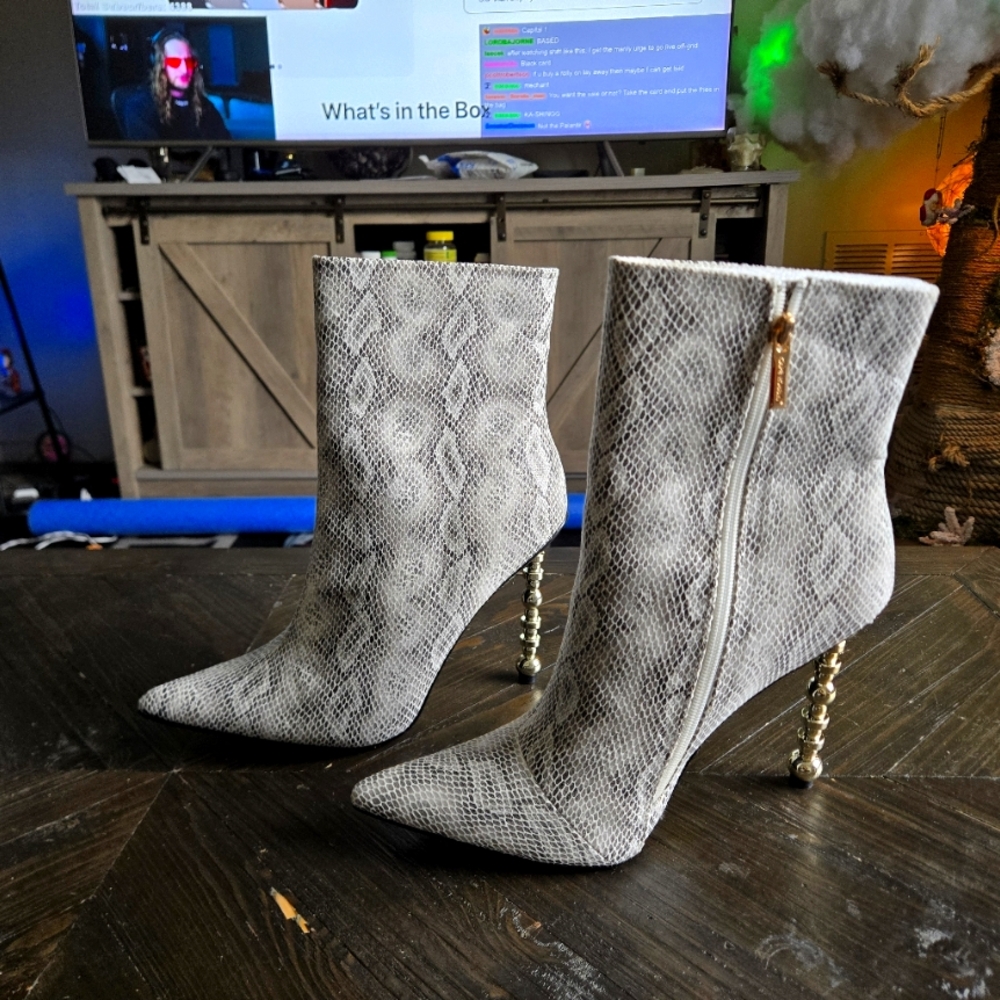 Cape Robbin Gray Heeled Boots with Snakeskin Pattern